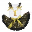 White Baby Pettitop Gold Sequins Ruffles Sparkle Gold Bows & 1st Sparkle Yellow Birthday Number Print & Black Gold Bling Sequins Newborn Pettiskirt NN276